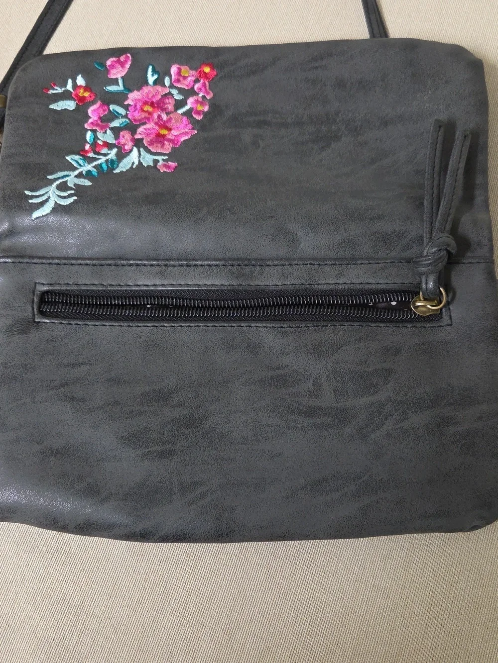 Embroidered Floral Grey Crossbody Bag